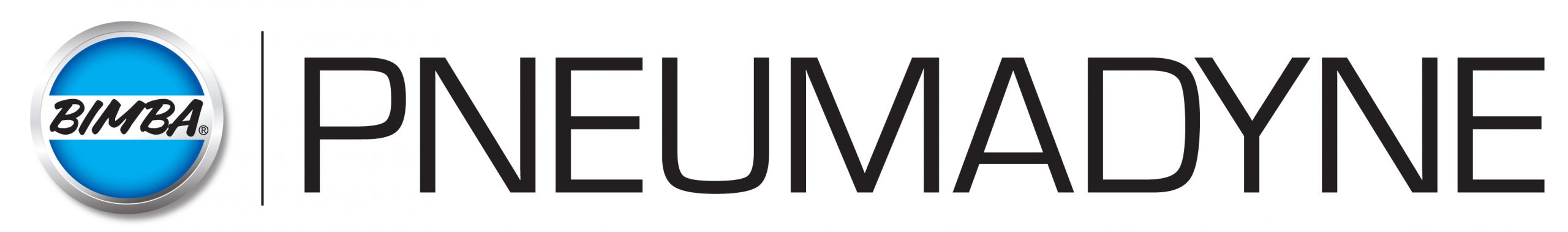 Bimba Pneumadyne logo. Bimba's name is surrounded by a blue circle and silver framing. The left side of this logo is separated from the Pneumadyne name by a thin black line.