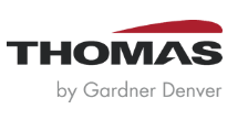 The Thomas logo by Gardner Denver is shown. Black letters spell 'Thomas' while grey letters situated the brand underneath with grey letters that say "Gardner Denver". A red ellipses sits above the entire logo.