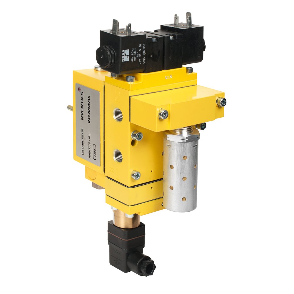 A yellow, black, and silver metallic designed safety valve sits in front of a white plain background.