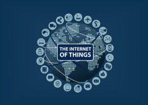 Internet of Things IoT word and icons with globe and dotted world map.